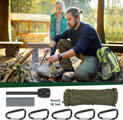 Mossy Oak Axe and Fixed Blade Knife with Sheath, One-Piece Camping Hatchet and Hunting Knife with Rope Handle, Includes Zoomable Tactical Flashlight and Many Other Tools, 15 Pieces Camping Tool Set