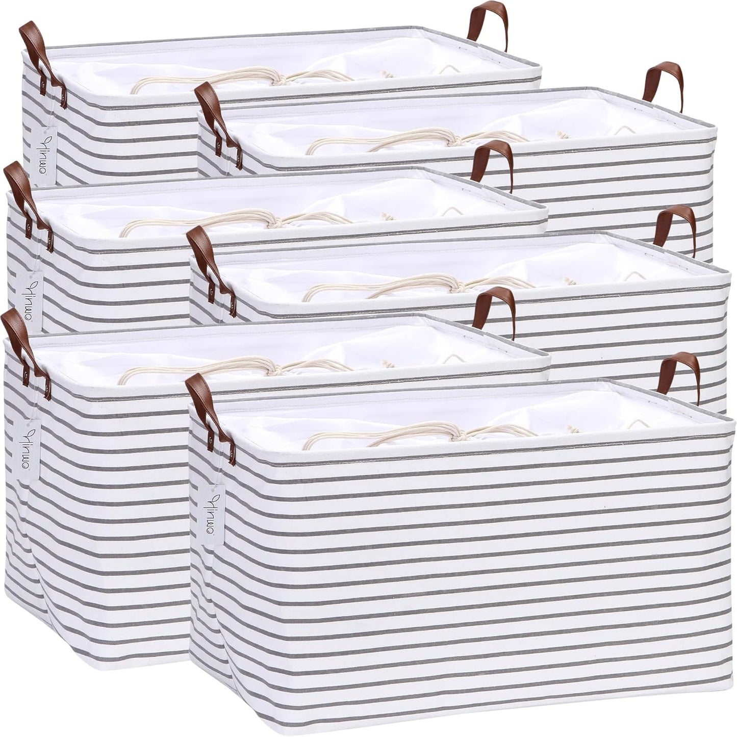 Hinwo 6-Pack Small Canvas Fabric Storage Baskets Set with Handles, Open Storage Bins, Cube Storage Organizer, Shelf Organizer Bins for Closet, 7.9L, 12 x 8 x 5 Inches, Grey Stripe
