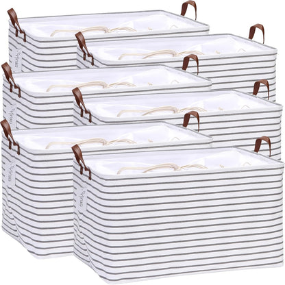 Hinwo 6-Pack Small Canvas Fabric Storage Baskets Set with Handles, Open Storage Bins, Cube Storage Organizer, Shelf Organizer Bins for Closet, 7.9L, 12 x 8 x 5 Inches, Grey Stripe