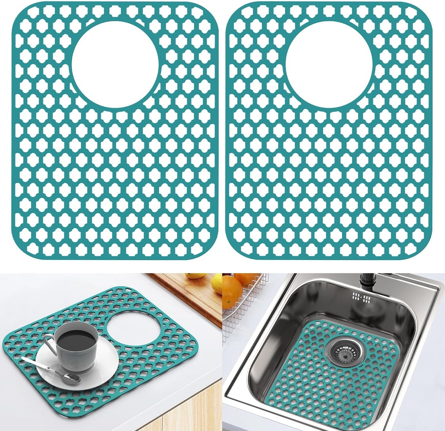 BEHOK 2 Pack Silicone Sink Protector for Kitchen Sink Bathroom Sink 13.58"x 11.6" Sink Mat, Non-Slip and Durable Silicone Sink Grid, Rear Drain (Gray)