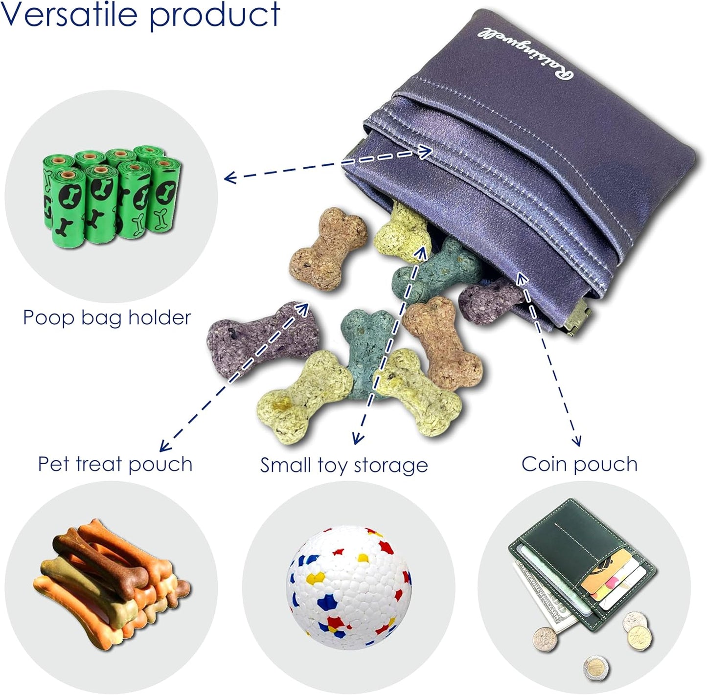 Raisingwell Dog Treat Pouch, Black Pocket Sized Pet Training Pouch, Cotton Fabric, Hand Free Dog Walking Bag with Carabiner, Self-Closing Pet Feed Snack Reward, for Pet Puppy Travel or Outdoor Use