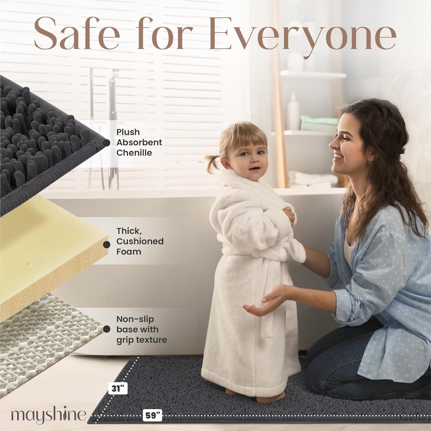 Soft Plush Chenille Bathroom Rug, Absorbent Microfiber Bath Mat, Machine Washable, Non-Slip Grip, Quick-Dry, Thick Shag Carpet Great for Bath, Shower Floor, Bedroom, or Door Mat (Beige, 17x24)