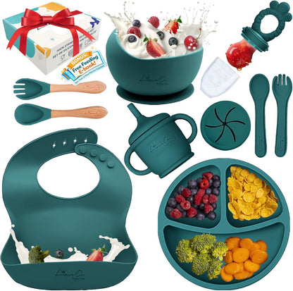 Silicone Baby Feeding Set, 14PCS, Silicone Bibs Baby Plates and Bowls Set