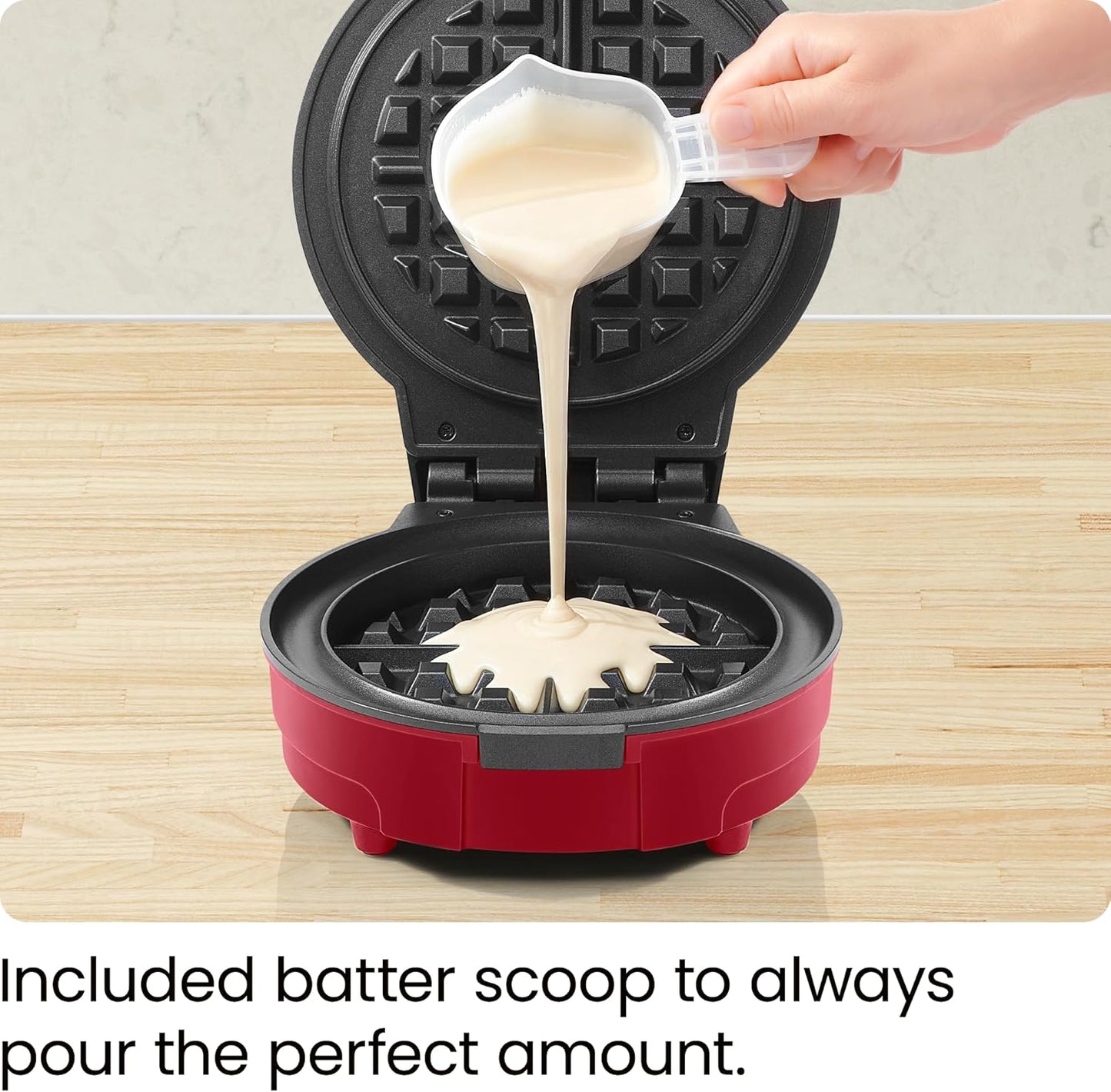Chefman Anti-Overflow Belgian Waffle Maker w/ Shade Selector, Temperature Control, Mess Free Moat, Round Iron w/ Nonstick Plates & Cool Touch Handle, Measuring Cup Included, Red