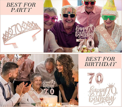 8pcs 40th Birthday Decorations gifts for Women, Including 40th Happy Birthday Cake Topper, Queen Sash with Pearl Pin, Sweet Rhinestone Tiara Crown for Women, Number Candles and Balloons (Rose Gold)