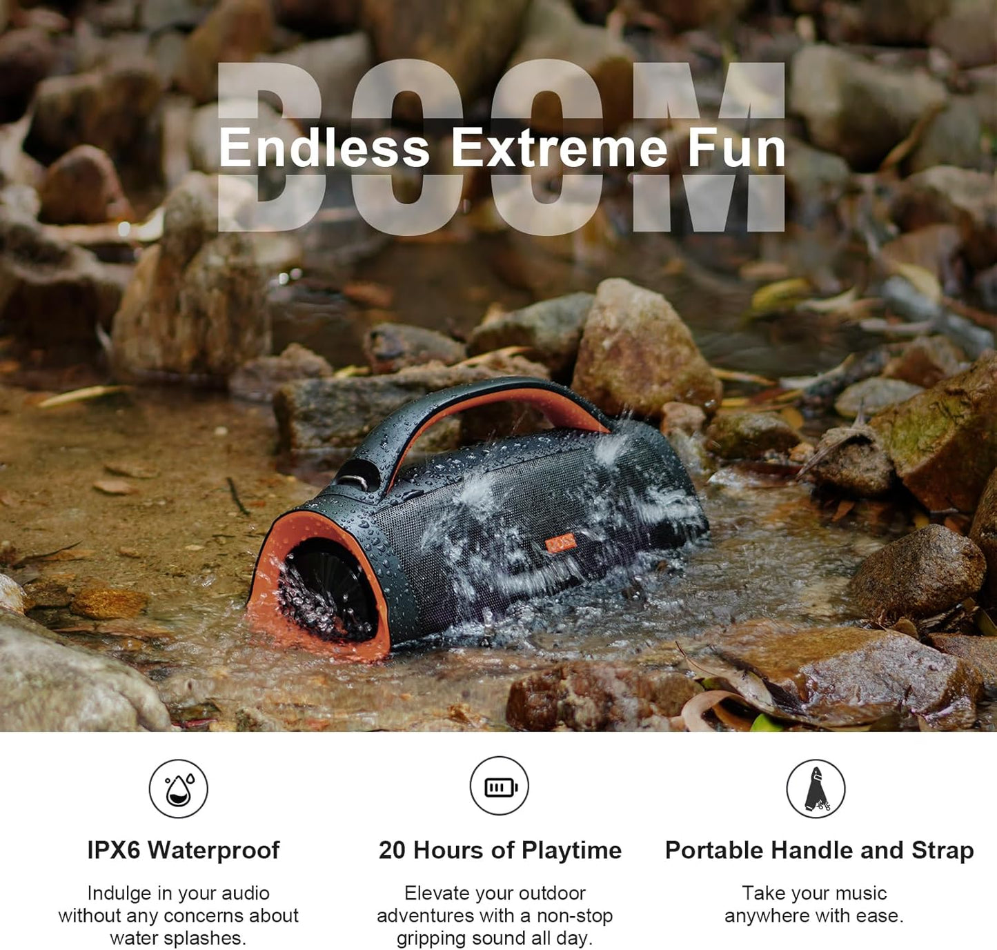 DOSS Extreme Boom Pro Bluetooth Speaker with 100W Stereo Sound, Rich Bass, 20H Playtime, Mixed Color Light, IPX6 Waterproof Haut parleur for Camping, Beach, Outdoor-Orange