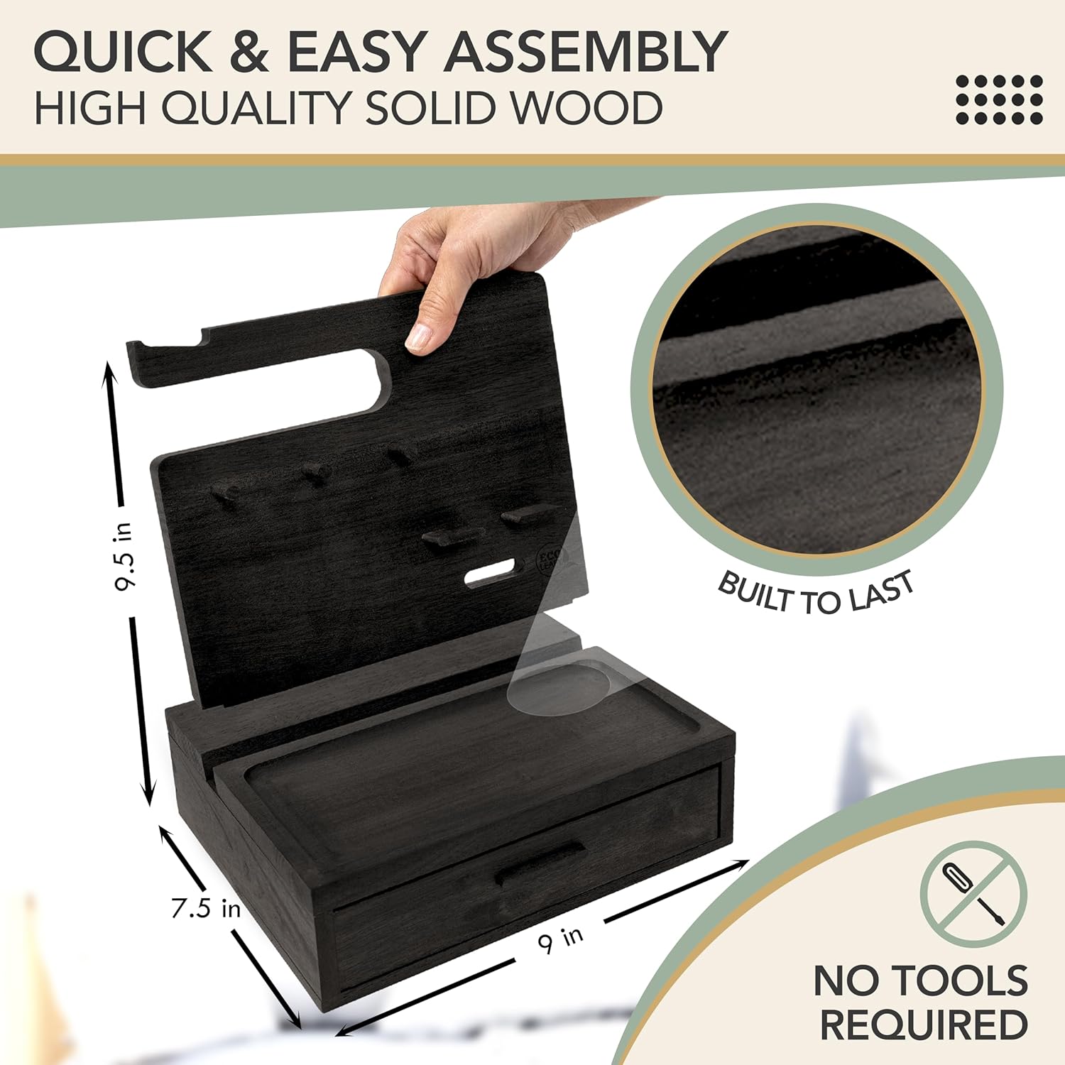 EcoLeafy Dot Nightstand Organizer with Drawer – Wooden Bedside Table Organizer for Phone, Watch, Sunglasses & Everyday Accessories - PuriLite