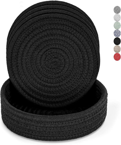 Cazzon Cotton Trivets for Hot Dishes 4-Pack with Storage Basket, Heat-Resistant Pot Holders and Hot Pads for Countertops, Round Cooking Mats, Black - PuriLite