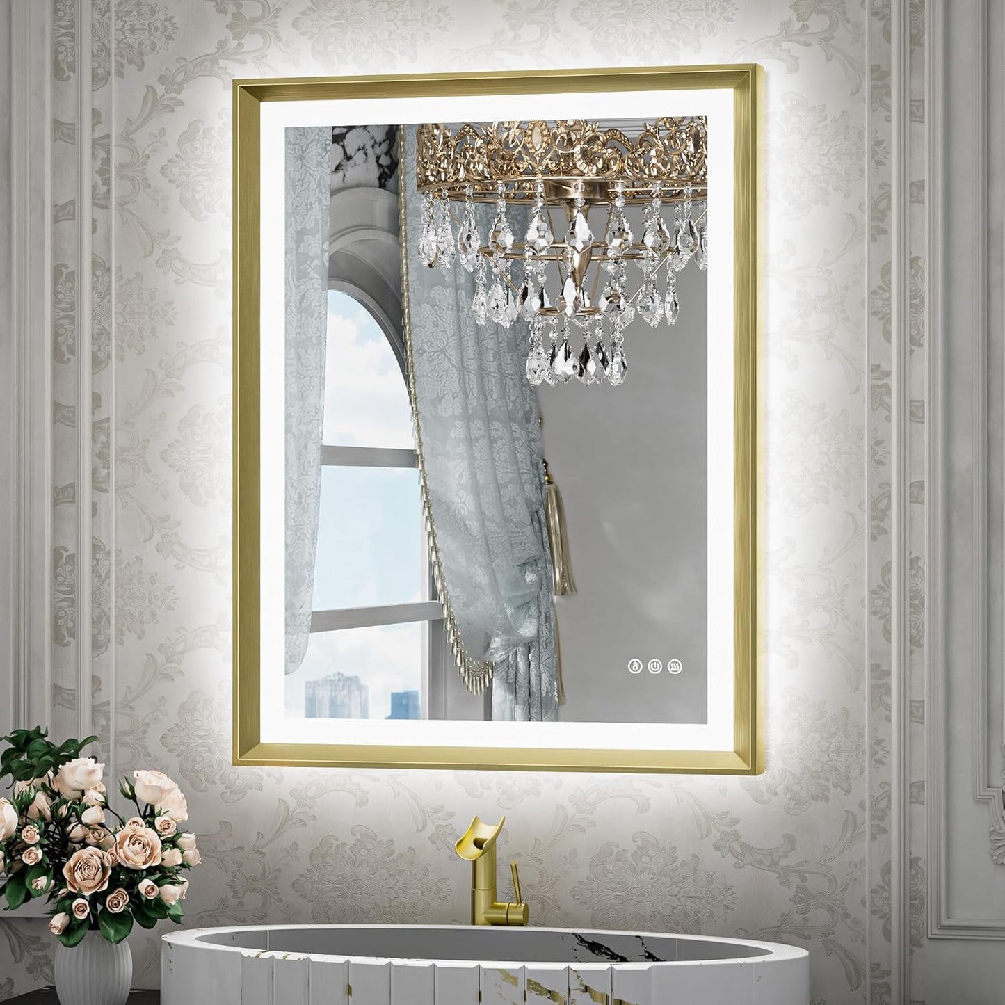 TETOTE 28x36 LED Mirror for Bathroom Black Metal Frame Frontlit & Backlit Lighted Vanity Mirror Baroque Gothic Anti Fog Stepless Dimmable White/Warm/Natural,Wall Mounted(Horizontal/Vertical)