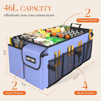HOTOR Trunk Organizer - Car Organizer, Foldable Trunk organizer for SUVs & Sedans, Car Accessories, Tools, Sundries, 2 Compartments, Black