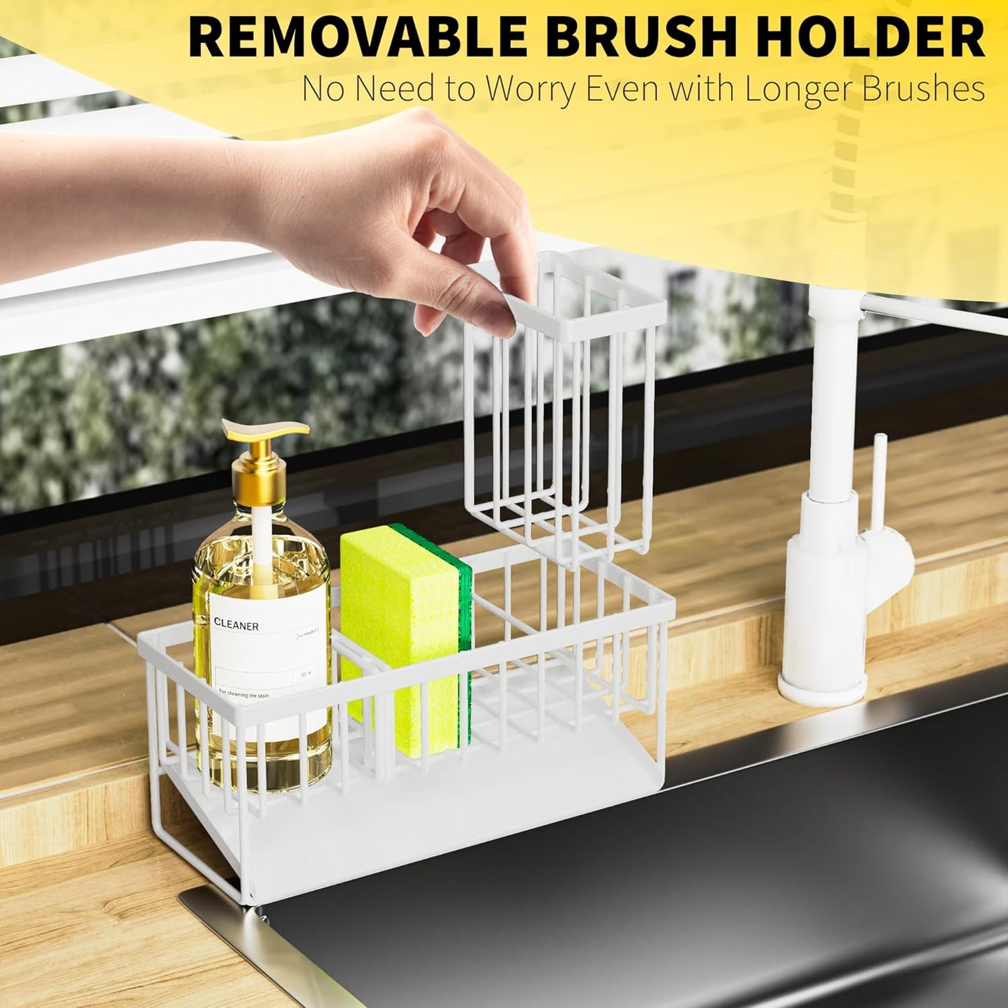 Cisily Kitchen Sink Caddy Organzier with High Brush Holder, Sponge Holder for Sink, 304 Rustproof Stainless, Kitchen Countertop Soap Dispenser Organizer, Kitchen Decor and Accessories (Black)