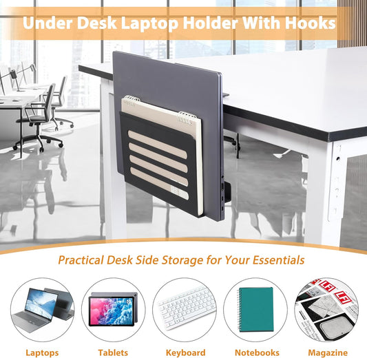 3-in-1 Under Desk Organizer – Laptop Holder, Headphone Hook & Cable Management Tray, Clamp-On Steel Storage for Desk Accessories, No Drilling Installation, Anti-Slip Design