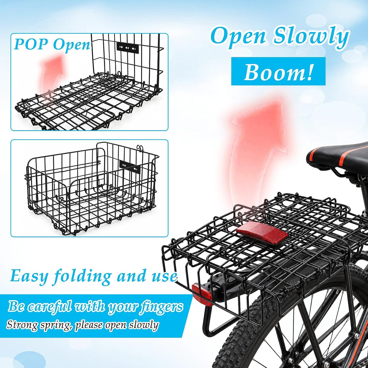 15 Inch Bike Basket Rear, Folding Metal Basket with Liner and Cover
