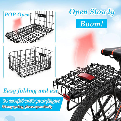 15 Inch Bike Basket Rear, Folding Metal Basket with Liner and Cover