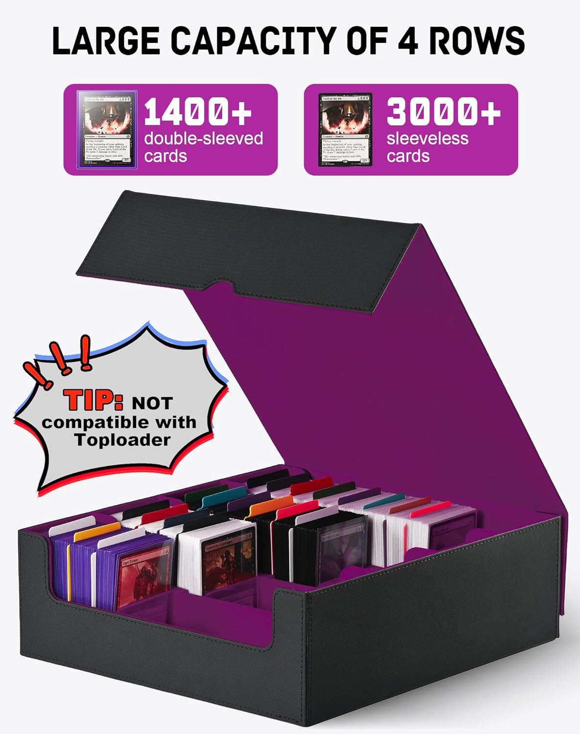 ZLCA Card Storage Box for MTG PTCG, Commander Deck Box Holds 3000+ Cards, Card Storage Case with 4 Stoppers, Card Organizer for TCG Sport Cards (Black)