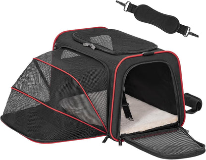 Petsfit Expandable Cat Dog Carrier Airline Approved, 17" L x 11" W x 11" H Soft-Sided Portable Pet Travel Carrier for Kitten, Puppy, Removable Soft Plush Mat and Pockets, Auto-Locking Zippers