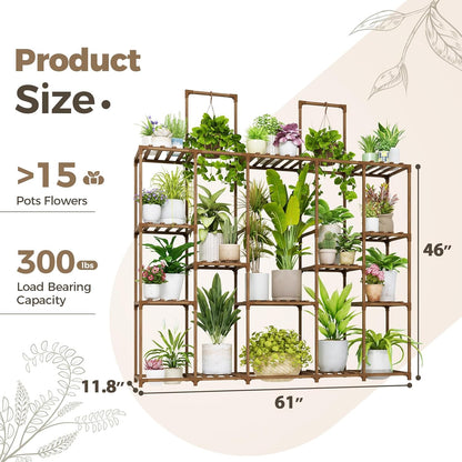Bamworld Plant Stand Indoor Outdoor Hanging Plant Shelf for Multiple Plants Pots Wood Flower Stand Tall Large Flower Holder for Living Room, Patio, Balcony, Garden Decor, Brown