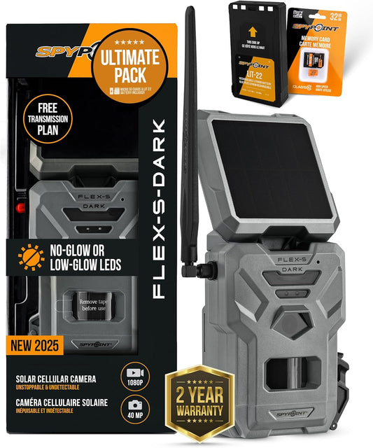SPYPOINT Flex-S Dark Ultimate Pack Solar Outdoor Cellular Trail Camera - Integrated Solar Panel, No WiFi Needed, Night Vision Motion Activated, Dual-Sim LTE, 40MP Photos and 1080p w/Sound