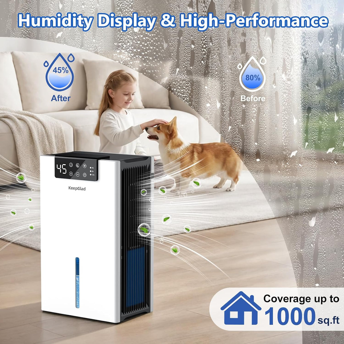 KeepGlad Dehumidifier, 1000Sq.Ft for Home, 98 OZ Dehumidifier for Basement, Quiet Dehumidifiers for Bedroom, Bathroom, RV. Dehumidifiers with Humidity Display, Drain Hose, Auto Shut-Off, Timer, White