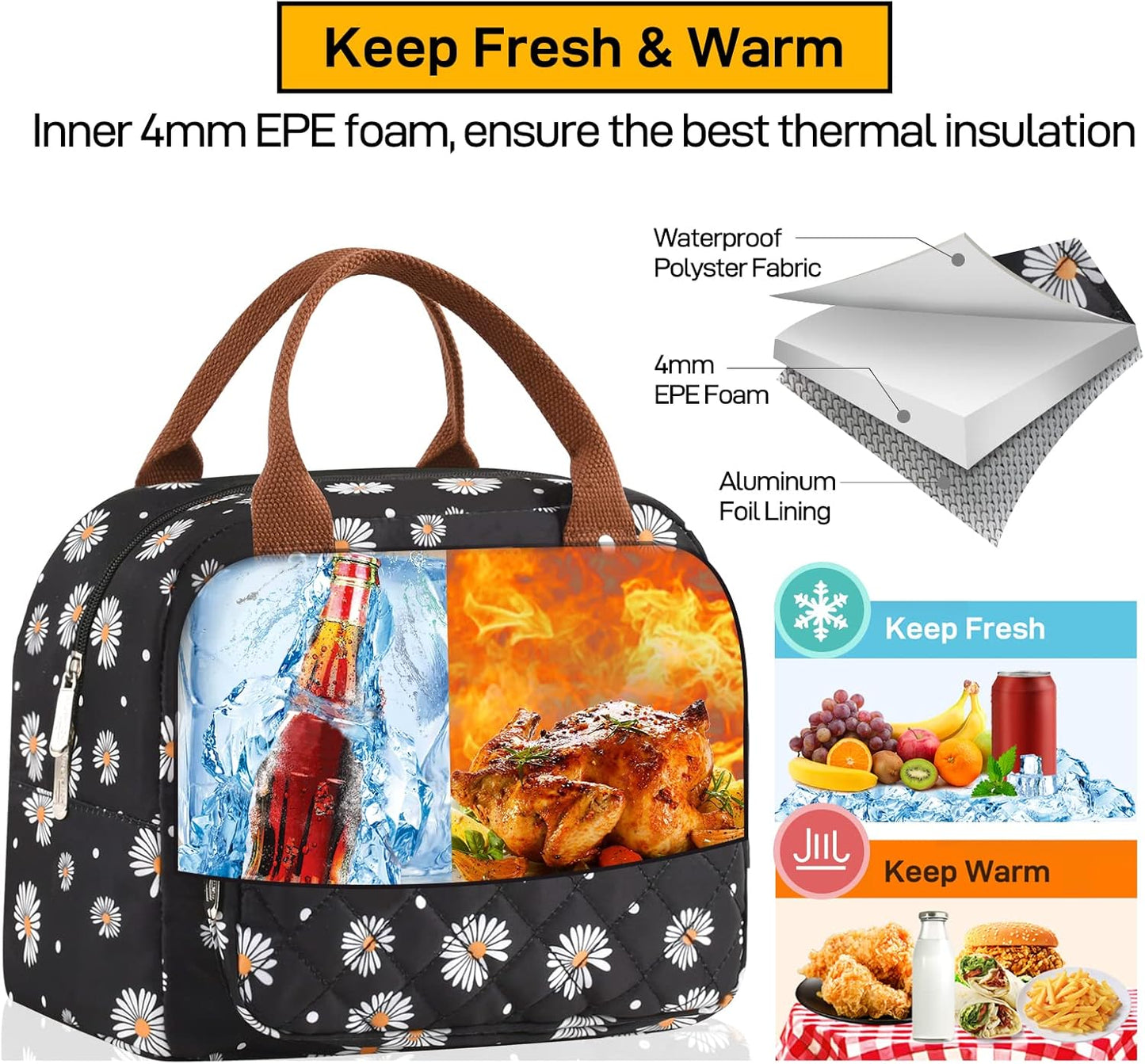 HOMESPON Lunch Bag for Woman Man Adults with Front Pocket Insulated Lunch Tote Lunch Box Container for Work Picnic or Travel(Black)