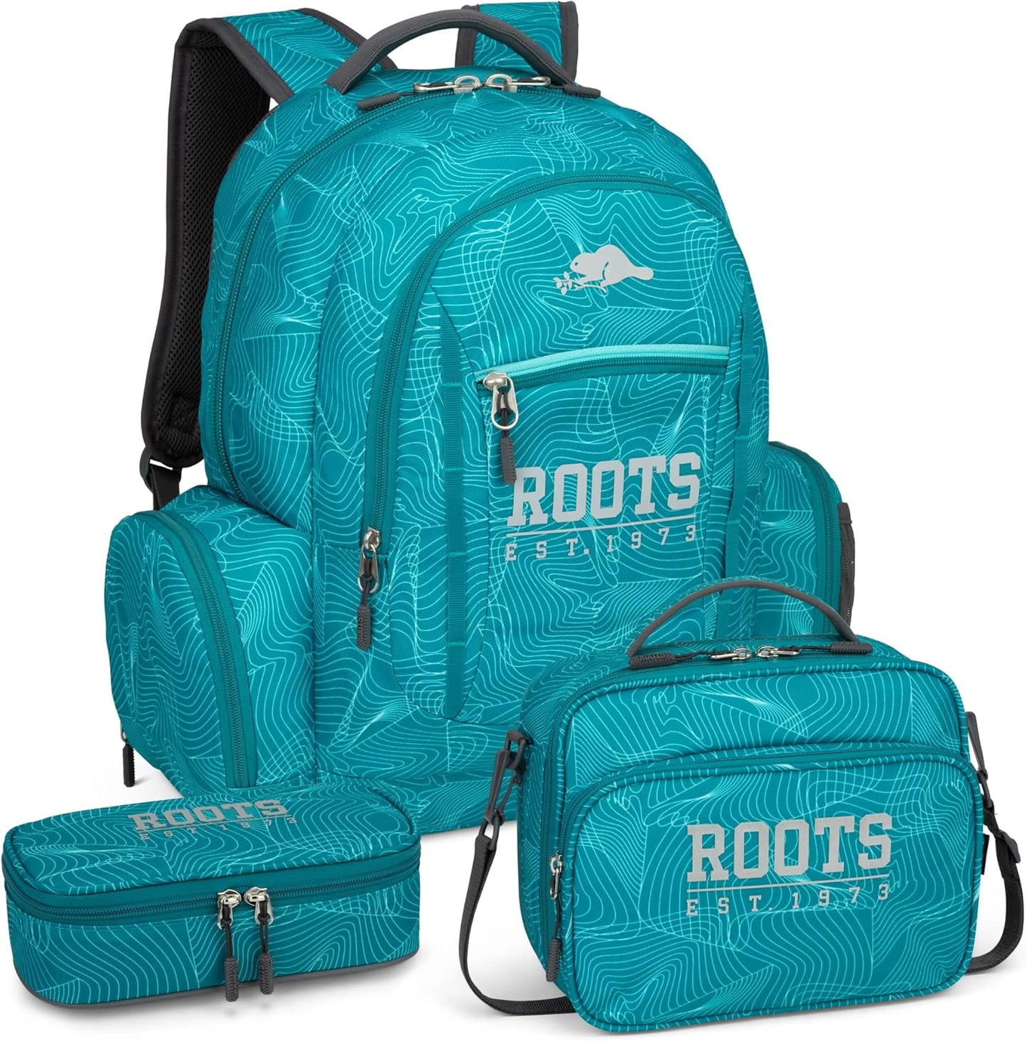 Roots Original 3-in-1 Matching Water Resistant Backpack and Lunch Bag Set with Bonus Pencil Case - Made From 100% Recycled Fabrics - 33 litres, Blue, Large