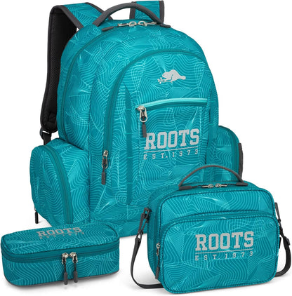 Roots Original 3-in-1 Matching Water Resistant Backpack and Lunch Bag Set with Bonus Pencil Case - Made From 100% Recycled Fabrics - 33 litres, Blue, Large