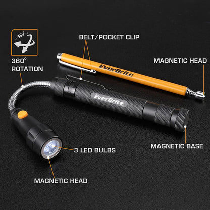 EverBrite 2-Pack Magnetic Pick Up Tool Set – Telescoping LED Magnet with 360° Swivel Head – Extensible Magnetic Retrieval Tool for Garage, Mechanic, Auto Repair & Home Use