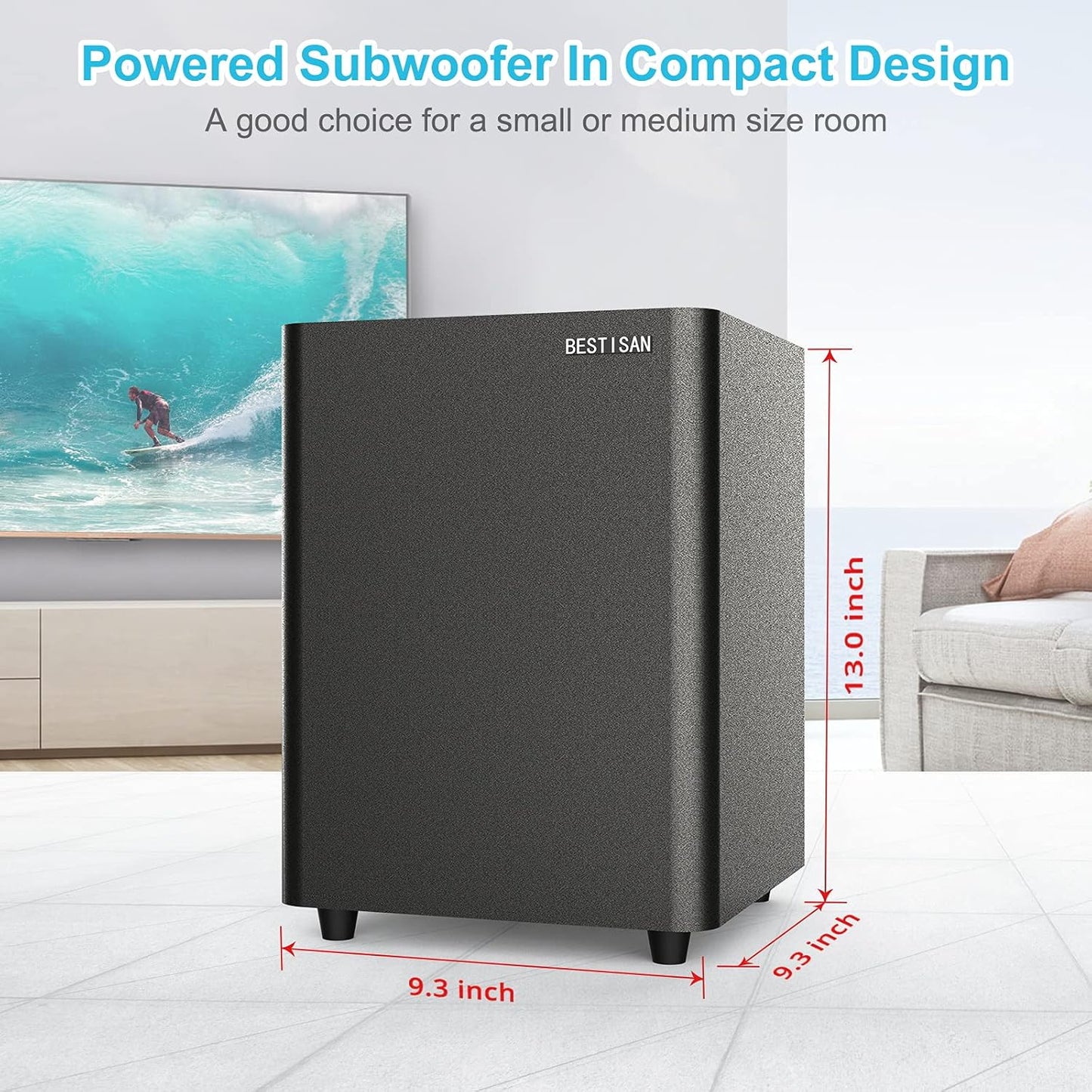 BESTISAN Powered Subwoofer, Deep Bass Sub, Down Firing Subs, Easy Setup with Home Theater System, Receiver, Speakers, Coaxial Cable Included, RCA, LFE, AUX Input, High-Level Speaker Input & Output