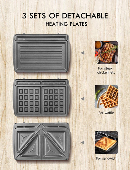 Yabano Sandwich Maker, 3 in 1 Waffle Maker, Toaster and Electric Panini Press Grill with Non-stick Coating Plate, Easy to Clean, Heating Up Fast