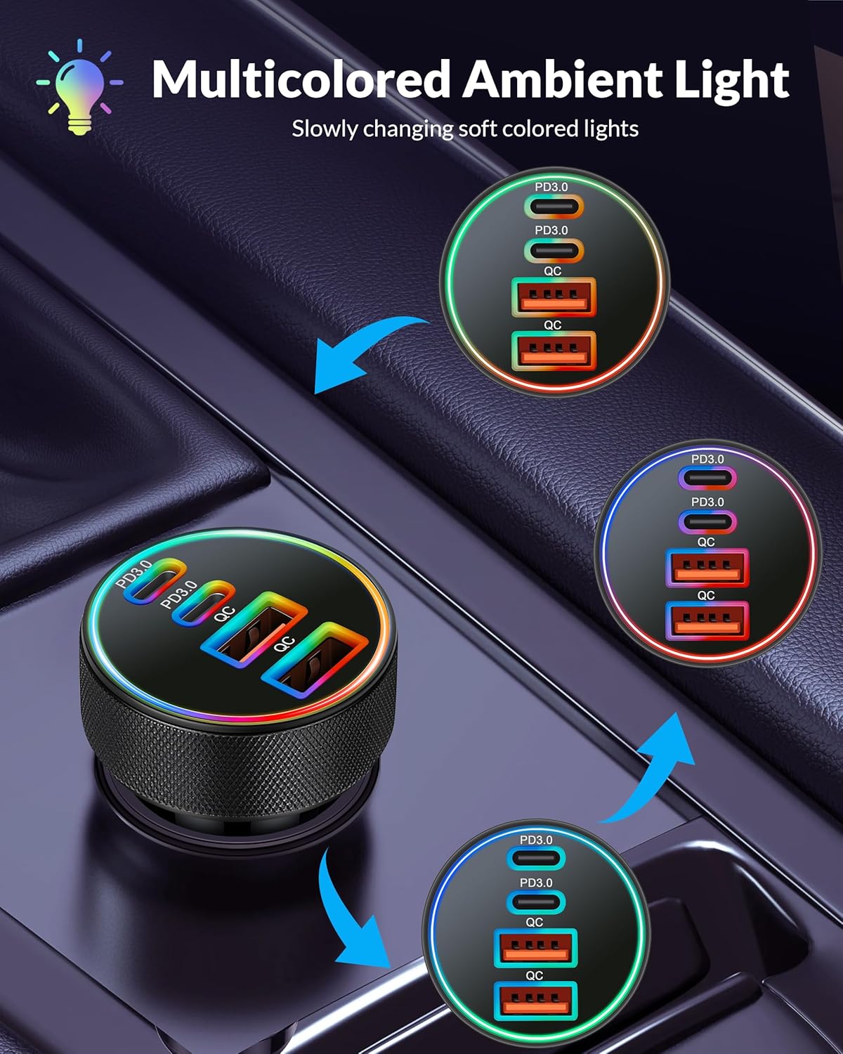 Car Charger USB C, 4-Port 90W Super Fast Charging Car Phone Charger Accessories Dual USB-C & USB-A Cargador Carro Cigarette Lighter Adapter for iPhone 17 16 15 14 13 12, iPad, Galaxy, Tablet, Android