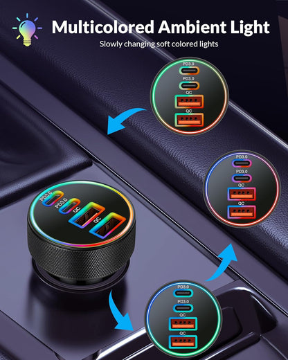 Car Charger USB C, 4-Port 90W Super Fast Charging Car Phone Charger Accessories Dual USB-C & USB-A Cargador Carro Cigarette Lighter Adapter for iPhone 17 16 15 14 13 12, iPad, Galaxy, Tablet, Android