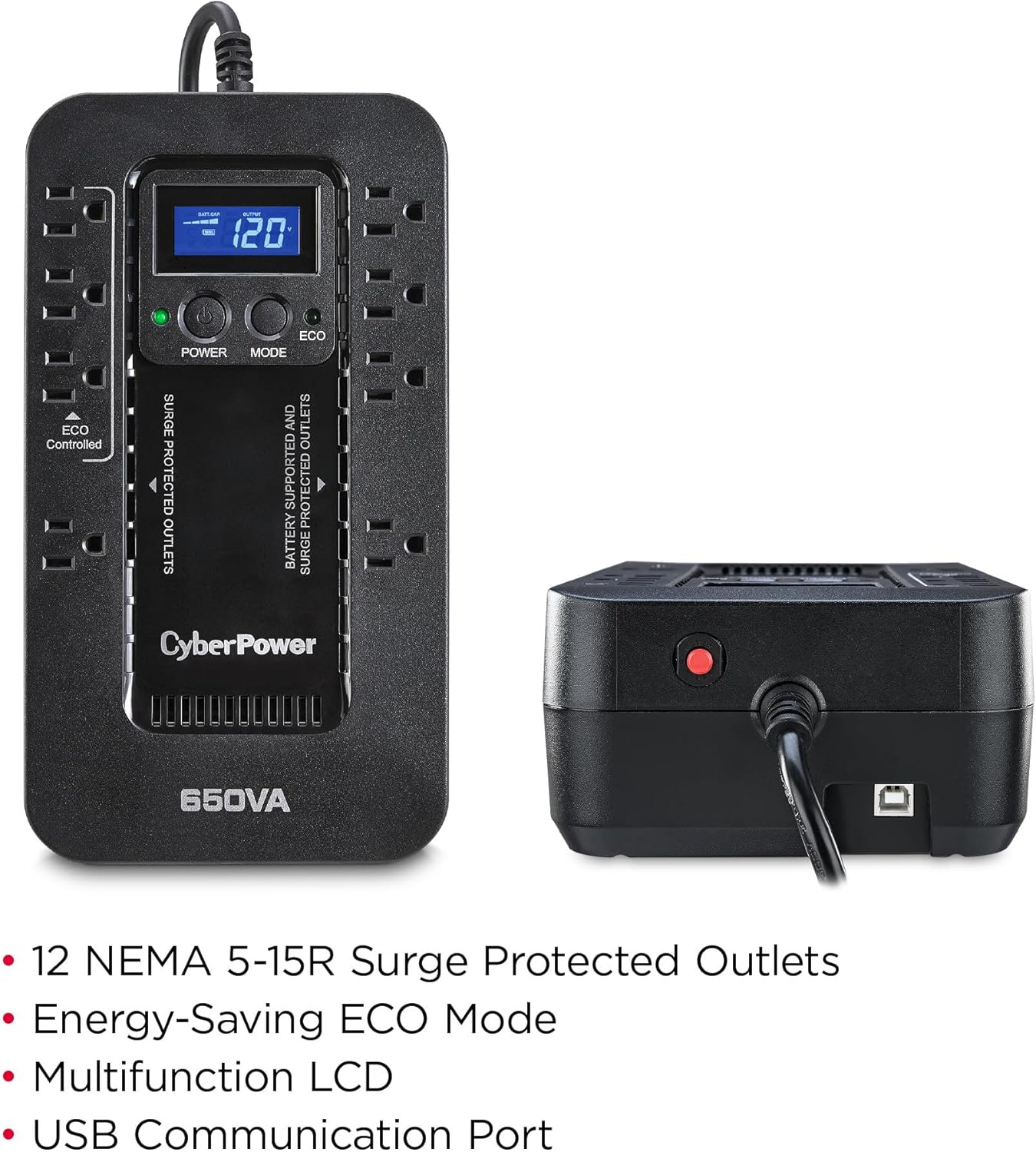 CyberPower EC850LCD Ecologic Battery Backup & Surge Protector UPS System, 850VA/510W, 12 Outlets, ECO Mode, Compact, Uninterruptible Power Supply