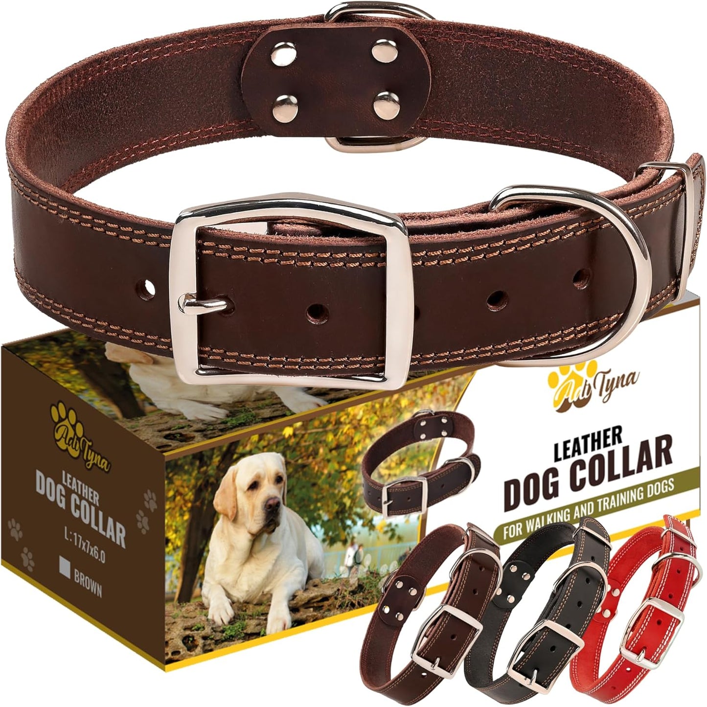 ADITYNA Heavy-Duty Leather Dog Collar for Medium Dogs - Soft and Strong, 100% Genuine Leather - Collier Pour Chien (Medium: Fit 13" - 20" Neck, Brown)
