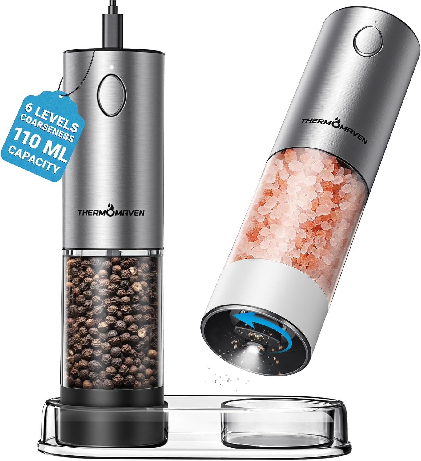 ThermoMaven Electric Salt and Pepper Grinder Set, 110ml Larger Rechargeable Automatic Salt and Pepper Mill Grinder with 6 Adjustable Coarseness, Electric Salt and Pepper Shakers, LED, 2 Packs, Silver