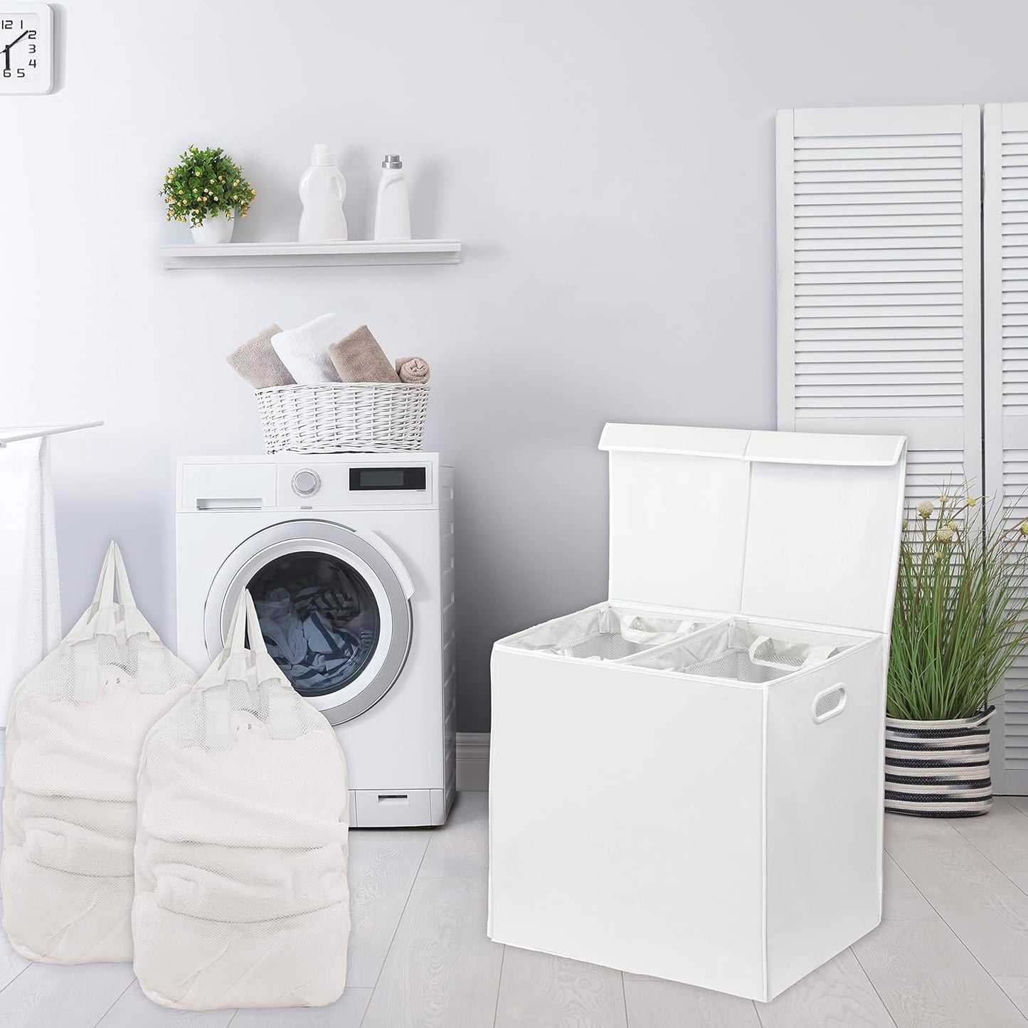SimpleHouseware Double Laundry Hamper with Lid and Removable Laundry Bags, Beige