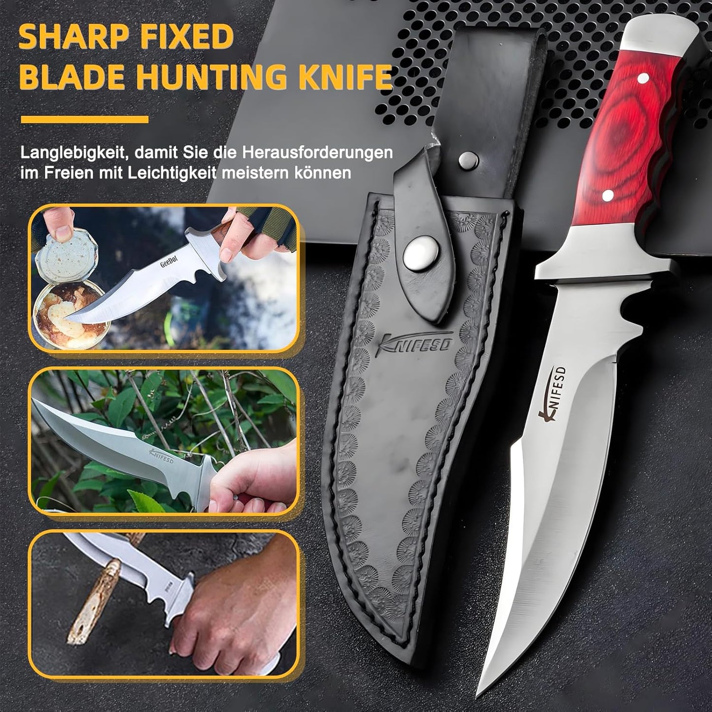 Omesio Fixed Blade Knives with Sheath Hunting Knife Bushcraft Knives Skinning Knife Deer Hunting Knives, Full Tang Big Camping Outdoor (B-Red)