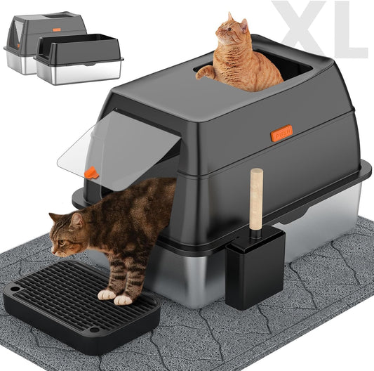 Stainless Steel Cat Litter Box with Lid,Front Entry Top Exit Kitty Litter Box,Extra Large Enclosed Metal Litter Box with Litter Scoop & Litter Mat-Black - PuriLite