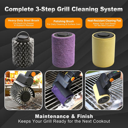 Upgraded Electric Grill Brush - Extreme 50kg Torque Power Grill Brush | Safe for All Grills, 7.4V Motor, SUS304 Anti-Shedding Bristle, with Heat Resistant Mat & Polishing Pad
