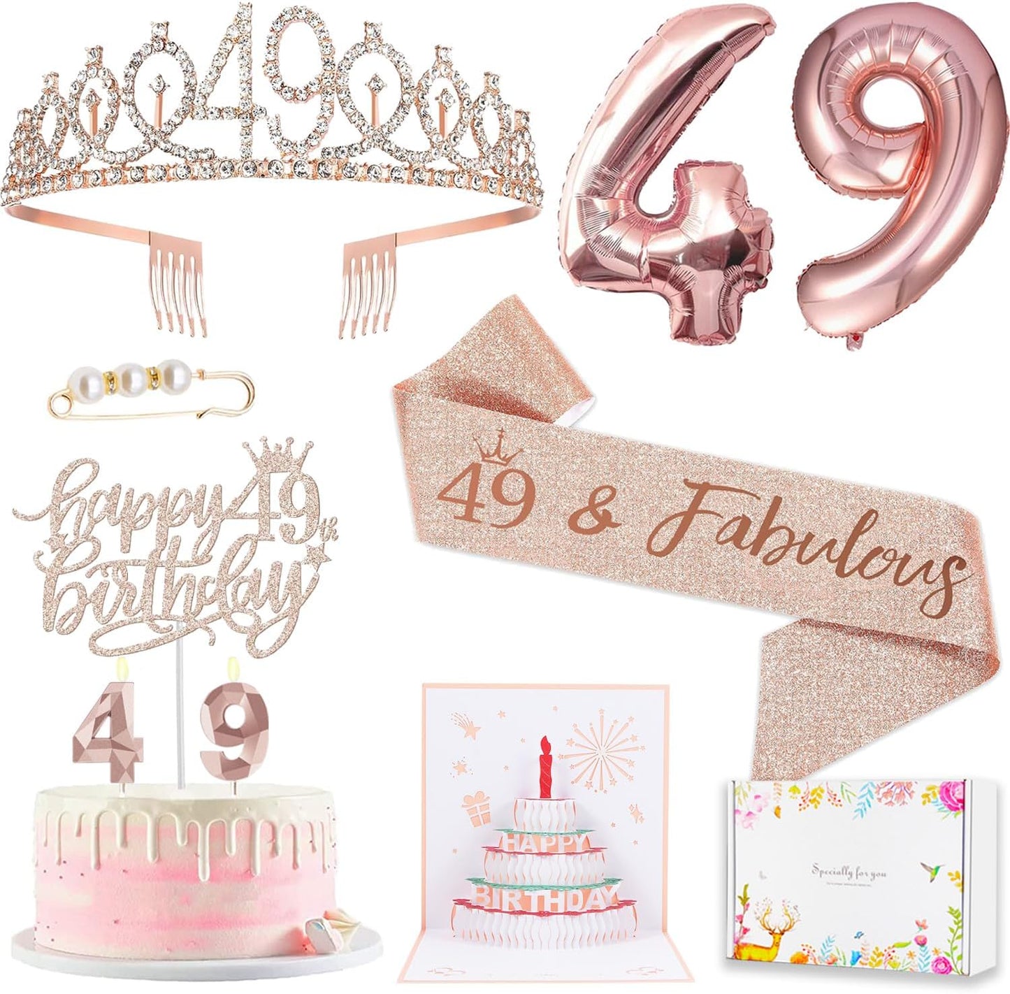 8pcs 40th Birthday Decorations gifts for Women, Including 40th Happy Birthday Cake Topper, Queen Sash with Pearl Pin, Sweet Rhinestone Tiara Crown for Women, Number Candles and Balloons (Rose Gold)