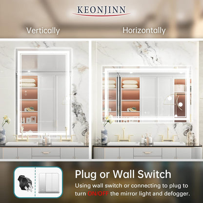 Keonjinn 40 x 24 Inch LED Mirror, Bathroom Mirror with Lights, LED Vanity Mirror, Wall Mounted Anti-Fog Dimmable Lighted Makeup Mirror for Bedroom, IP54 Waterproof (Horizontal/Vertical)