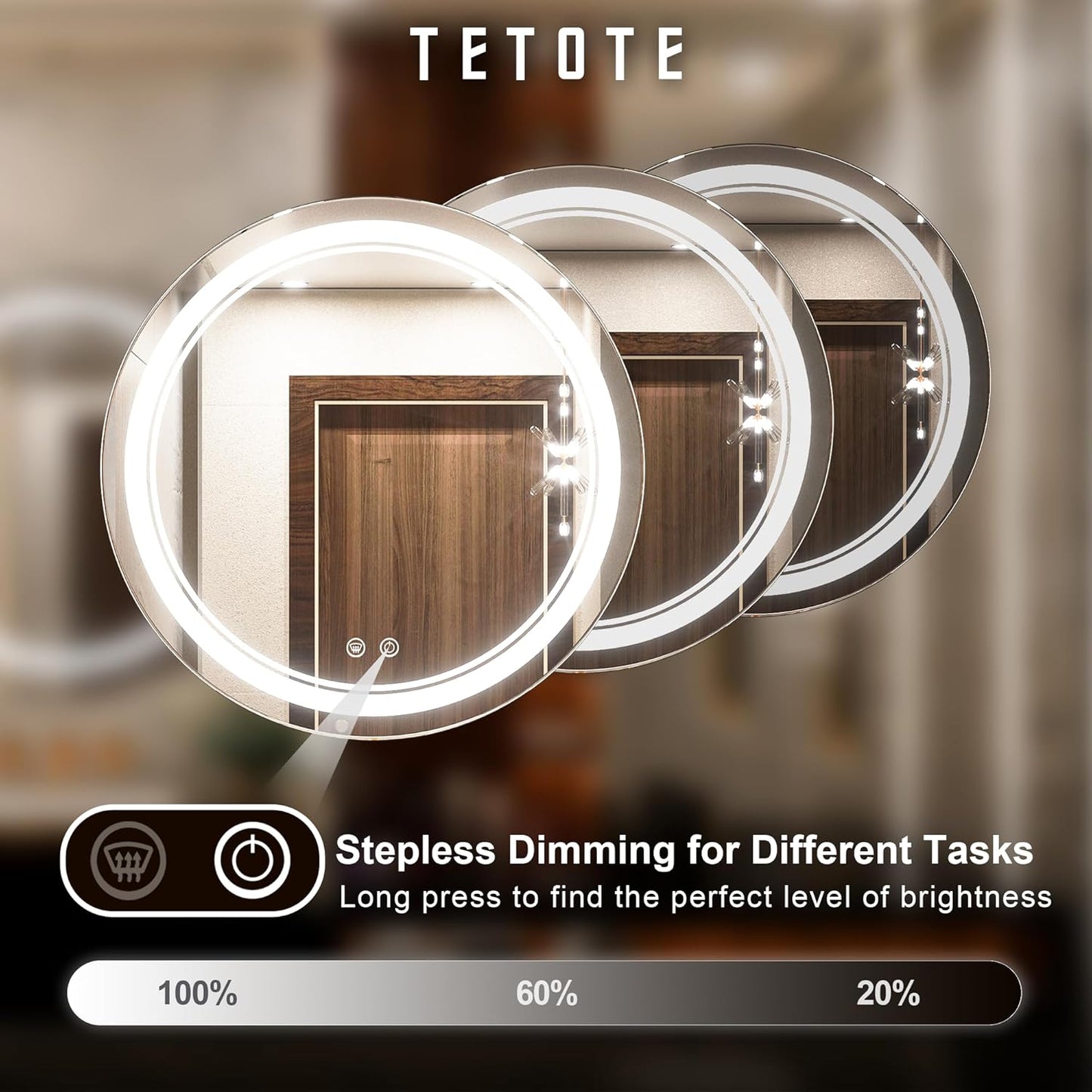 TETOTE 28 Inch Round LED Bathroom Vanity Mirror, Anti-Fog Dimmable Lights IP54 Waterproof Circle Makeup Wall Mounted Mirror