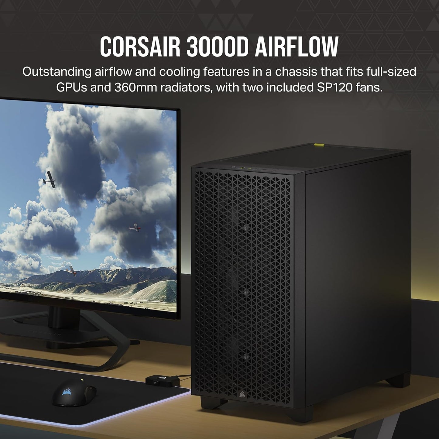 CORSAIR 3000D Airflow Mid-Tower PC Case – 2X SP120 Elite Fans – Four-Slot GPU Support – Fits up to 8X 120mm Fans – High-Airflow Design – Black