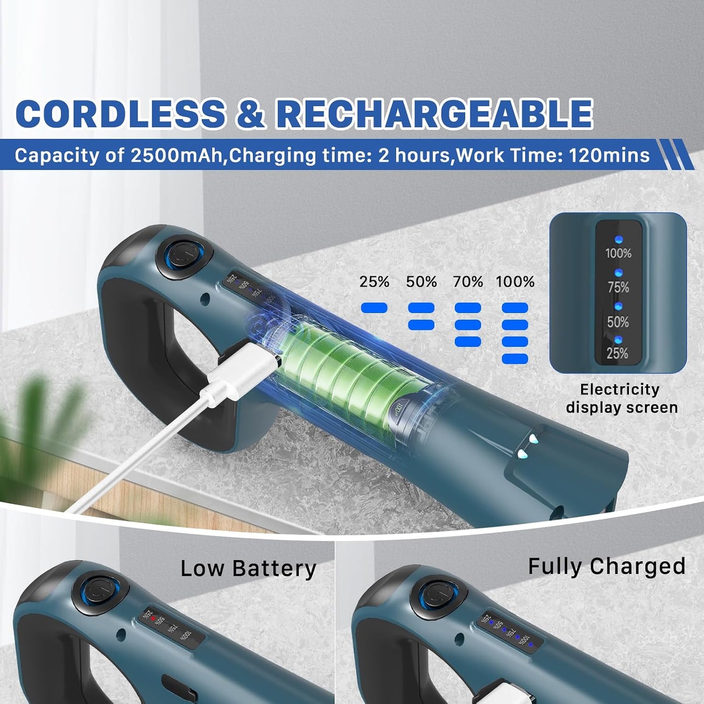 Hillyfe Electric Grill Brush,Grill Brush Bristle Free Dual Rotating Brush Heads Save Time,with 450 RPM&LED Light Includes 4 Scouring Pads,Suitable for Square,Round and Mesh Barbecue Grills,Blue