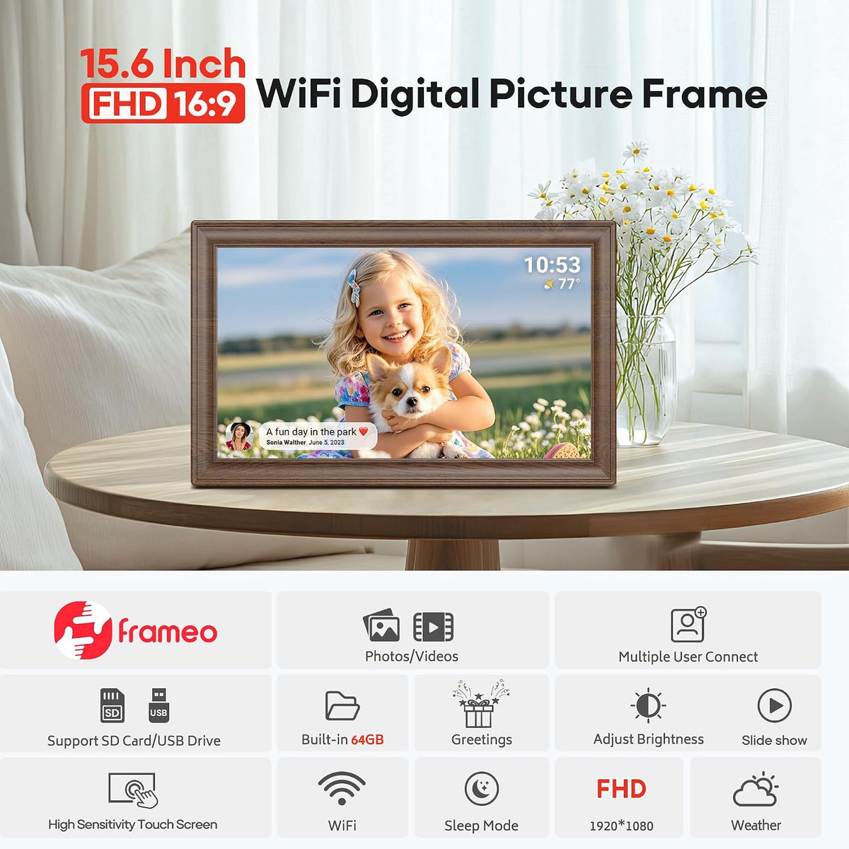 64GB 15.6" Frameo Digital Picture Frame WiFi, Large Electronic Photo Frames 1920 x 1080 IPS FHD Touch Screen, Send Photos from Your Phone from Anywhere, Best Gifts for Family and Friends Brown Wood