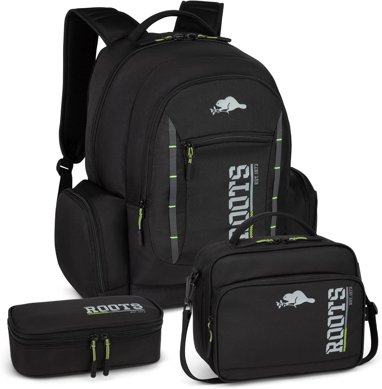 Roots Original 3-in-1 Matching Water Resistant Backpack and Lunch Bag Set with Bonus Pencil Case - Made From 100% Recycled Fabrics - 33 litres, Blue, Large