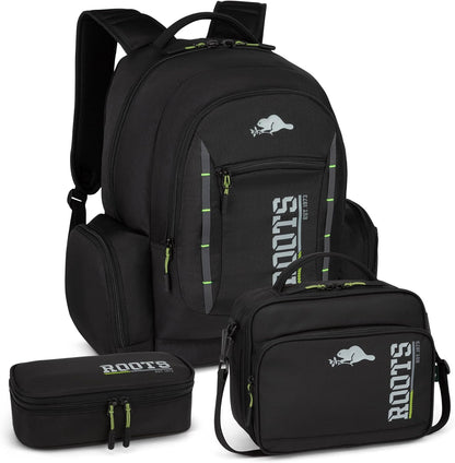 Roots Original 3-in-1 Matching Water Resistant Backpack and Lunch Bag Set with Bonus Pencil Case - Made From 100% Recycled Fabrics - 33 litres, Blue, Large