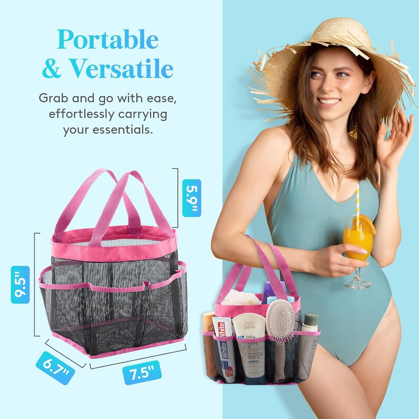 Lifewit Mesh Shower Caddy Freestanding Portable Shower Tote Bag for College Dorm, Bathroom, Gym, Travel, Quick Dry Hanging Shower Organizer with 7 Storage Pockets for Toiletry Essentials, Medium,Black