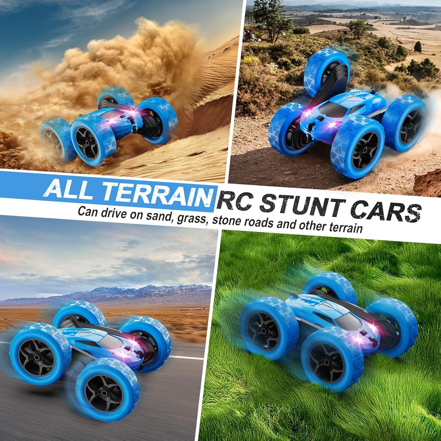 QUNREDA Remote Control Car for Kids Ages 6+, RC Cars Stunt Car Toy 4WD Double Sided 360° Rotating Remote Control with Headlights, Birthday Xmas Gifts for Boys 6 7 8 9 10 11 12 1-Blue