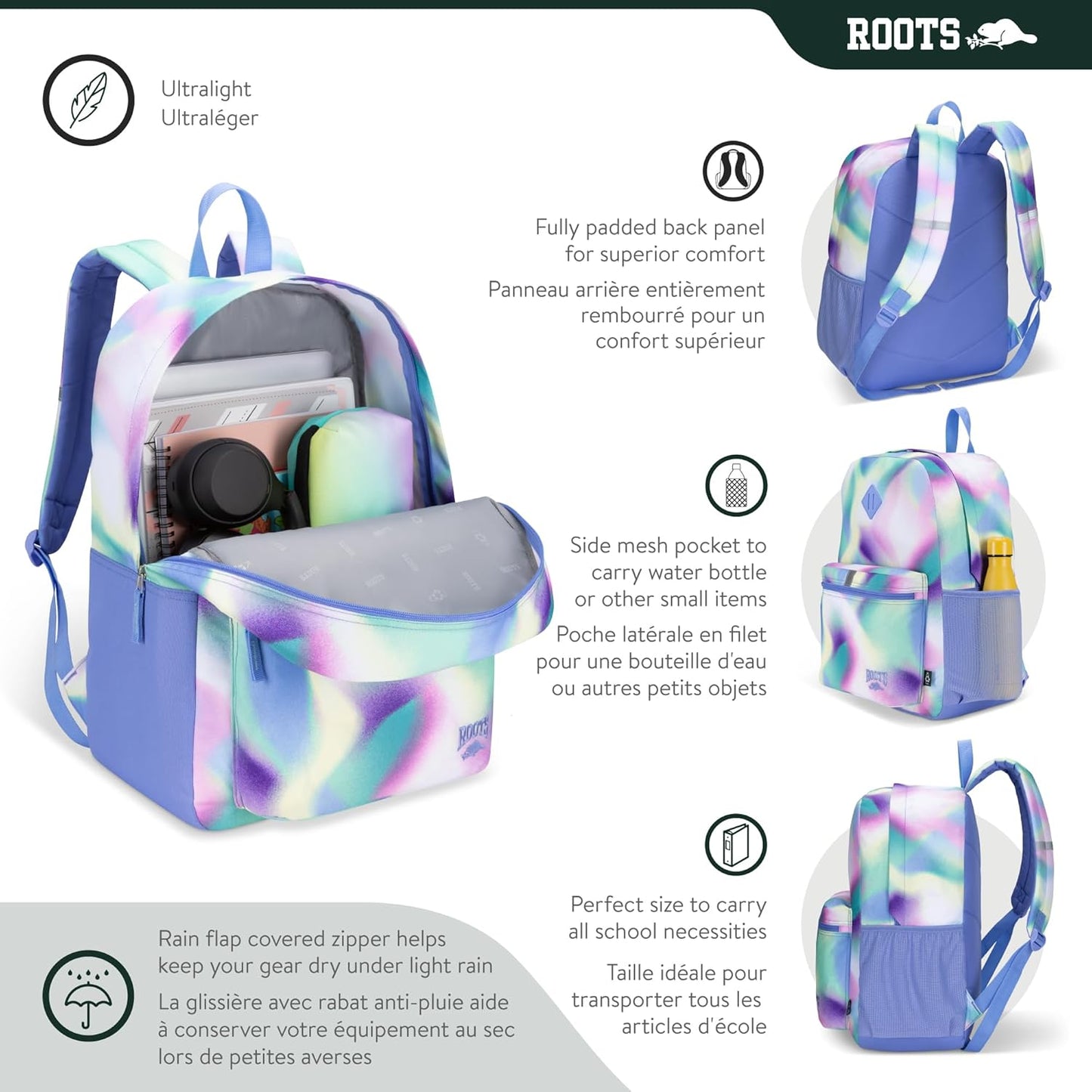 Roots Teen Lightweight Backpack — Made from Recycled Polyester with 15.6" Laptop Compartment, Rain Flap, Bottle Pocket, Reflective Accent, and Back Padding — 34L, Black