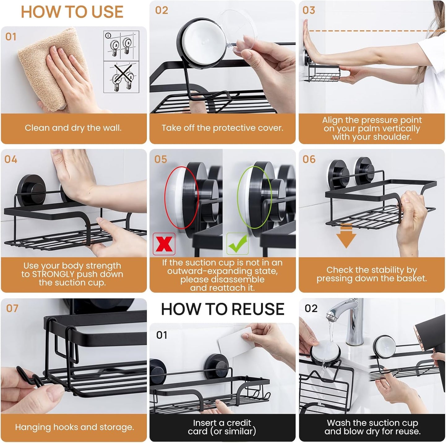 LEVERLOC Shower Caddy Suction Cup, 2 Pack Black Shower Shelf with Hooks and Soap Holder, NO-Drilling Bathroom Organizer, Rustproof Metal Bathroom Storage and Organization